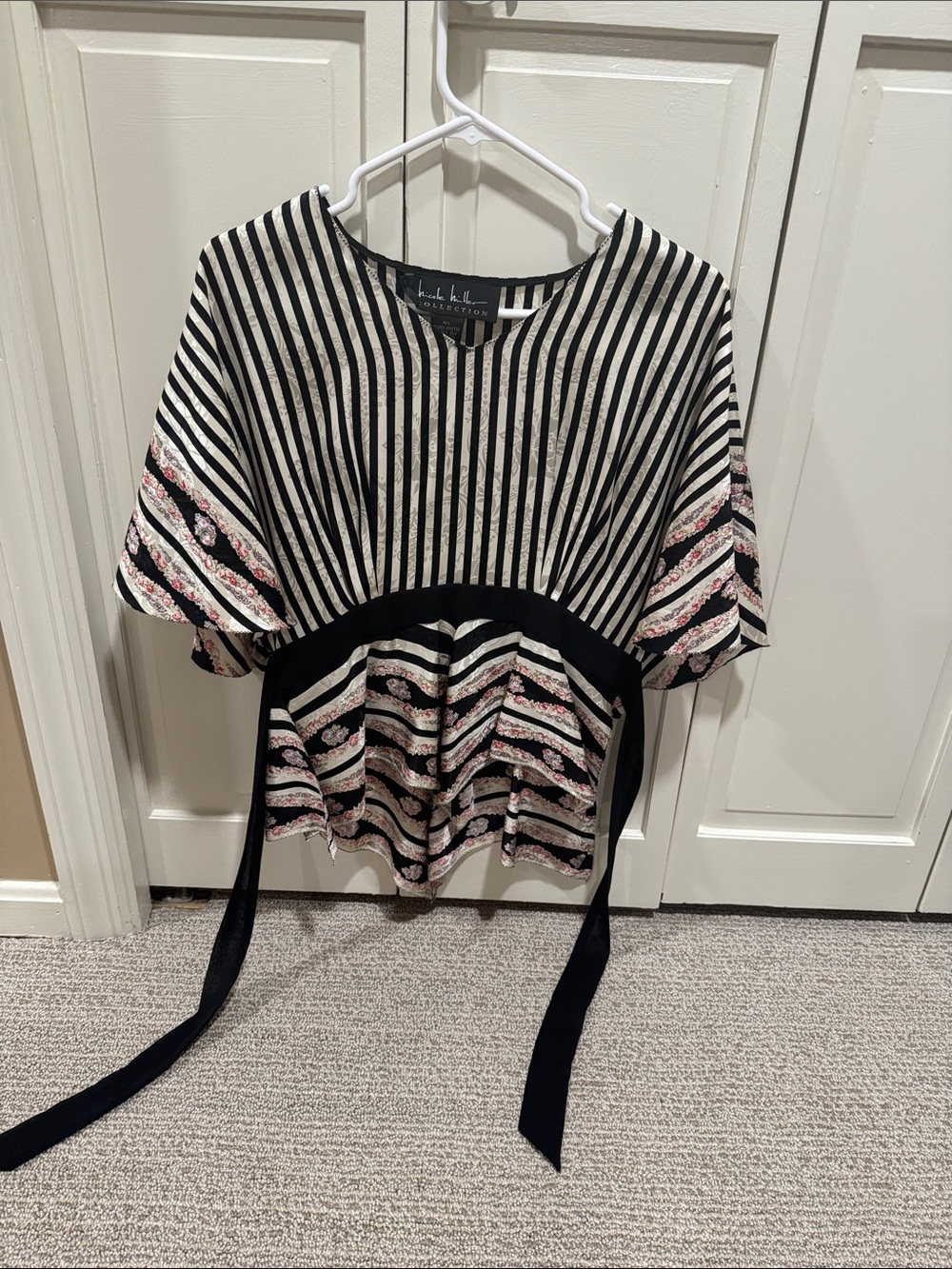 Nicole Miller Black & Cream Striped Peplum Top with Pink Floral Accents